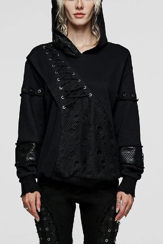 Black Long Sleeves Print Metal Eyelet Lace-Up Hooded Womens Steampunk Jacket Lace Jacket Ribbed Jacket Sequined Jacket