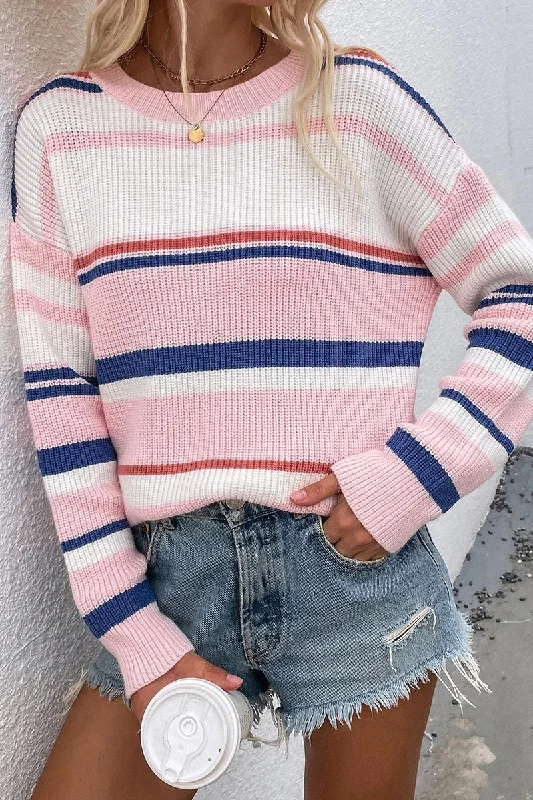 ROUND NECK STRIPED SWEATER Seamless Knitted Crochet