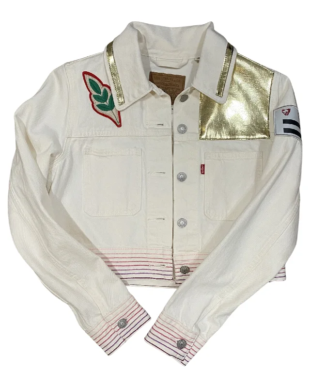 White denim crop gold lapel Rubble Kings jacket #68 Nylon Fabric Polyester Fabric Spandex Fabric White denim crop gold lapel Rubble Kings jacket #68 Nylon Fabric Polyester Fabric Spandex Fabric