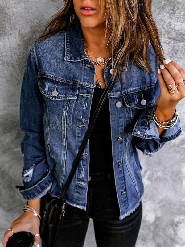 Women Fashion Ripped Raw Hem Slim Denim Jacket Print Jacket Jacquard Jacket Embroidered Jacket