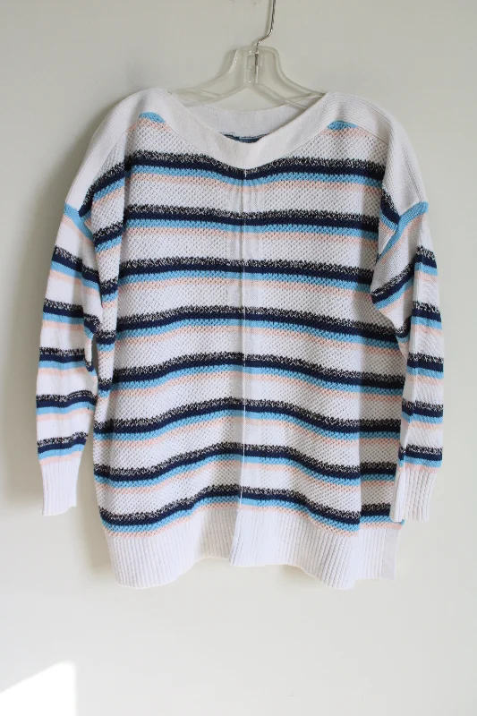 LOFT White Blue Knit Striped Sweater | M Satin Blend Silk Blend Wool Blend
