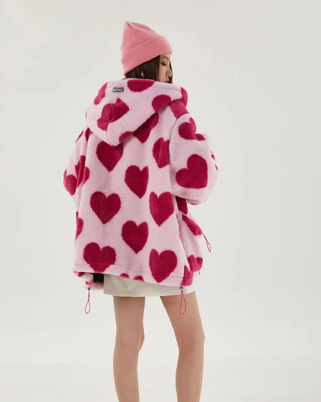 Pink Heart Pattern Hooded Jacket Zippered Front Buttoned Front Snap Front