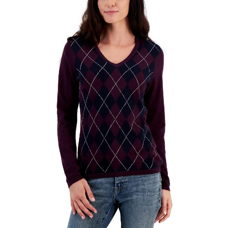 Tommy Hilfiger Womens V-Neck Long Sleeves Crewneck Sweater Oversized Loose Flowy
