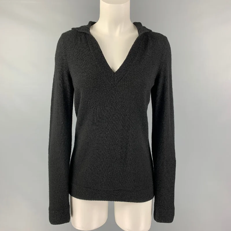 LORO PIANA Size 8 Black Cashmere Hooded Sweater Iron Safe Non-Iron Wrinkle Free