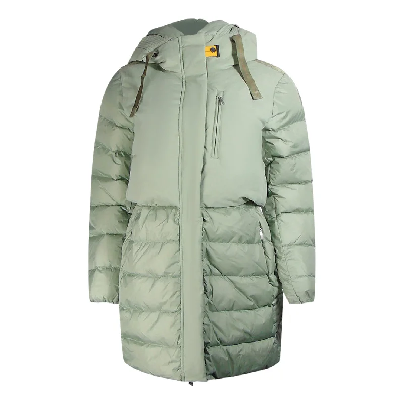Parajumpers Inga Nile Green Long Hooded Down Jacket Zip Front Button Front Snap Front