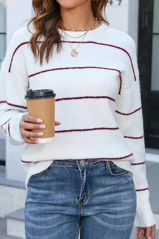 STRIPE KNIT PULL OVER SWEATER TOP Denim Fabric Leather Fabric Suede Fabric