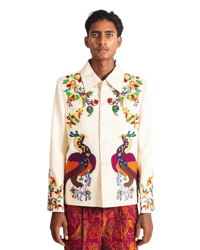 "PAINTED BIRD" SILK JACKET Notch Collar Jacket Peter Pan Collar Jacket Cowl Neck Jacket "PAINTED BIRD" SILK JACKET Notch Collar Jacket Peter Pan Collar Jacket Cowl Neck Jacket