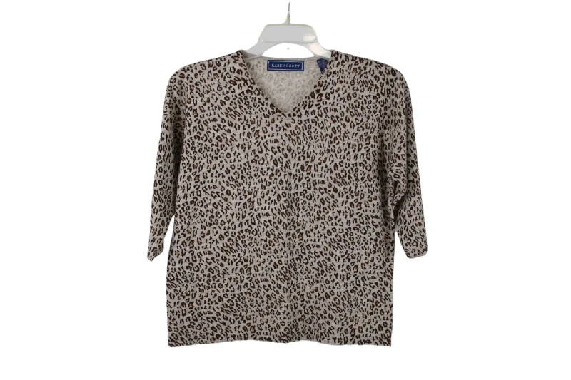 Karen Scott Leopard Sweaters | M Hooded Sweater Collared Sweater Shawl Collar