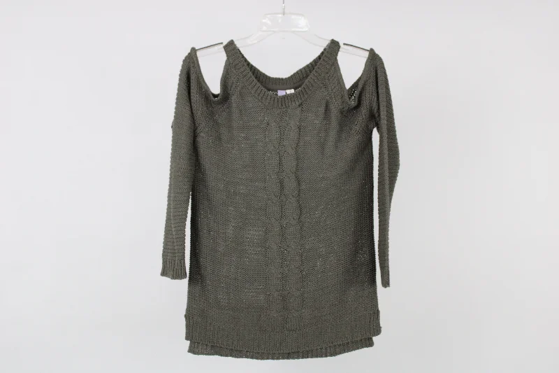 Alya Olive Green Bare Shoulder Knit Sweater | S Graphic Sweater Embroidered Appliqued Alya Olive Green Bare Shoulder Knit Sweater | S Graphic Sweater Embroidered Appliqued