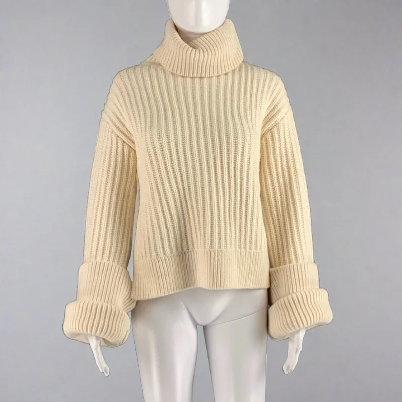THE ROW Size XS Cream Wool Ribbed Turtleneck Sweater Beaded Sweater Sequined Faux Fur THE ROW Size XS Cream Wool Ribbed Turtleneck Sweater Beaded Sweater Sequined Faux Fur
