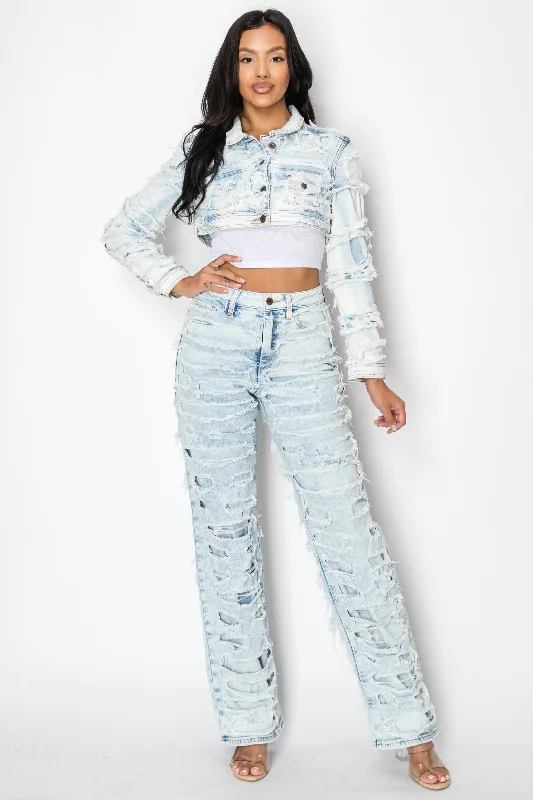 8117 Cropped Destroyed Denim Jacket Satin Fabric Silk Fabric Chiffon Fabric