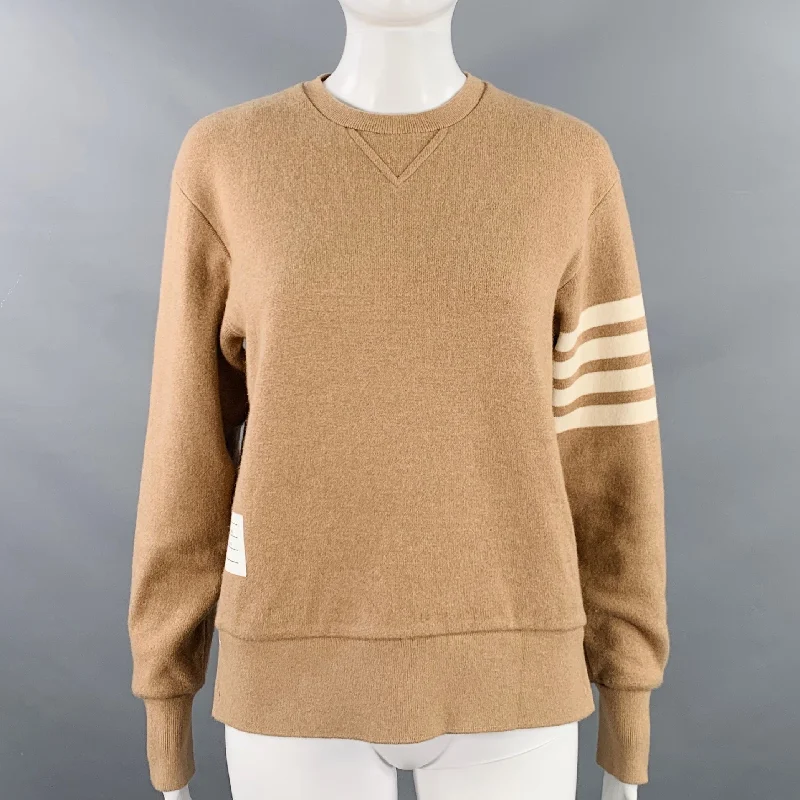 THOM BROWNE Size 2 Brown Cream Cashmere Blend Stripe Crew Neck Sweater Elegant Classic Vintage