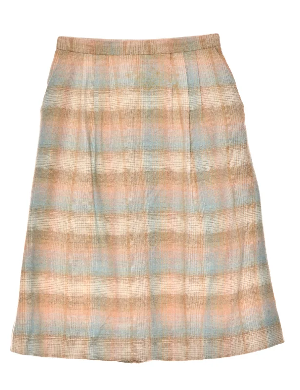 Checked Light Blue & Light Brown Midi Skirt - M lace skirt delicate