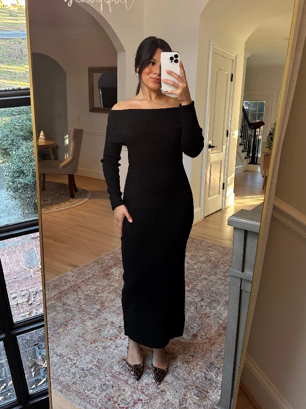 Off Shoulder Black Sweater Dress Fitted Slim Tailored