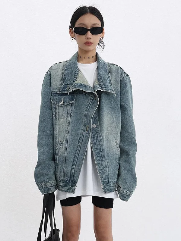 Acubi Asymmetrical Denim Jacket Snapped Jacket Toggled Jacket Drawstring Jacket