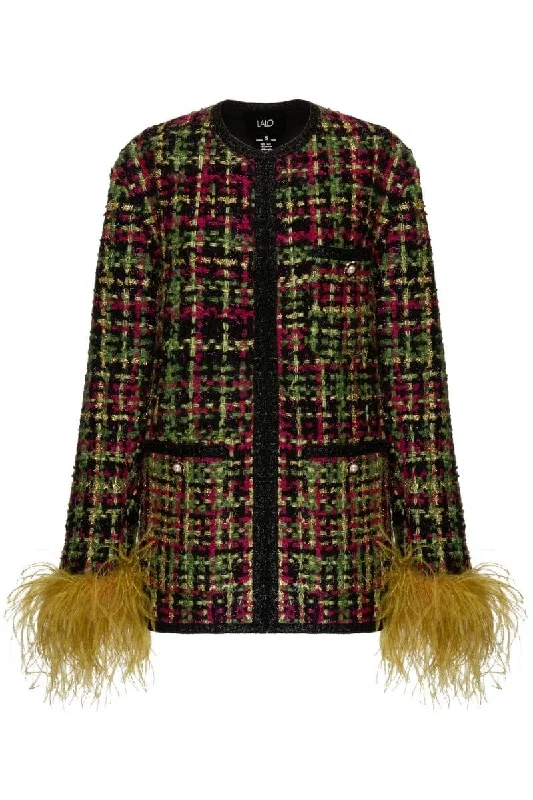 CHECKERED RED WOOL-BLEND JACKET WITH FEATHER-DETAILING Corduroy Jacket Velvet Jacket Brocade Jacket CHECKERED RED WOOL-BLEND JACKET WITH FEATHER-DETAILING Corduroy Jacket Velvet Jacket Brocade Jacket