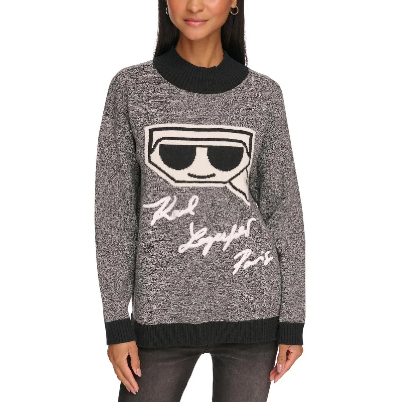 Karl Lagerfeld Paris Womens Logo Warm Mock Turtleneck Sweater Ribbed Striped Patterned