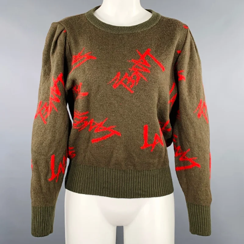 LANCEL Size M Red Olive Wool Blend Signature Print Knit Sweater Ribbed Striped Patterned LANCEL Size M Red Olive Wool Blend Signature Print Knit Sweater Ribbed Striped Patterned