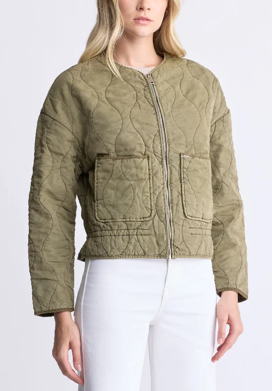 Annalee Women's Quilted Cropped Jacket, Olive Green - JK0025H Front Pockets Side Pockets Patch Pockets