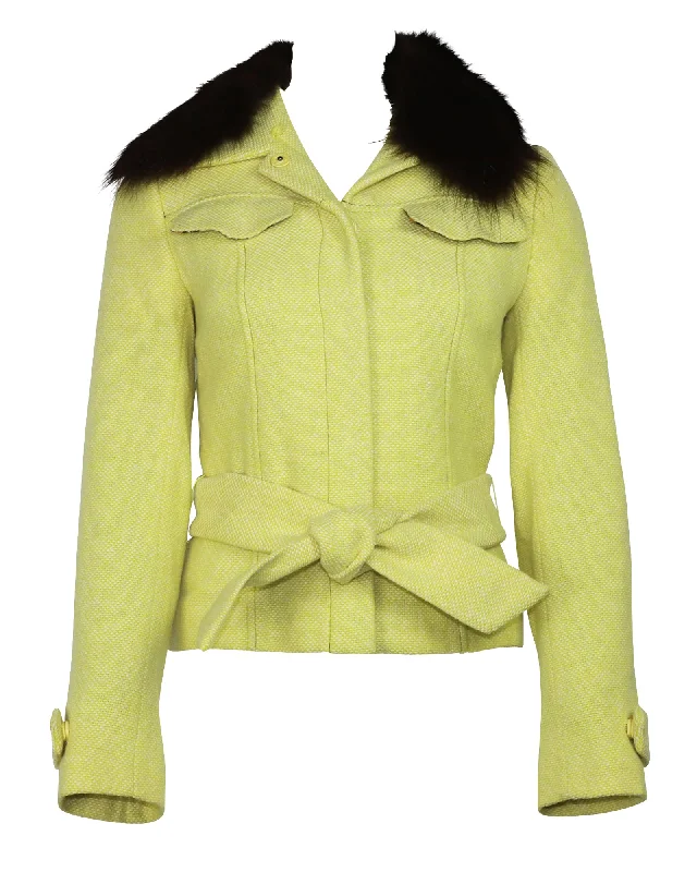 Dolce & Gabbana Tweed Belted Jacket with Detachable Fur in Yellow Wool Welt Pockets Slit Pockets Flap Pockets Dolce & Gabbana Tweed Belted Jacket with Detachable Fur in Yellow Wool Welt Pockets Slit Pockets Flap Pockets