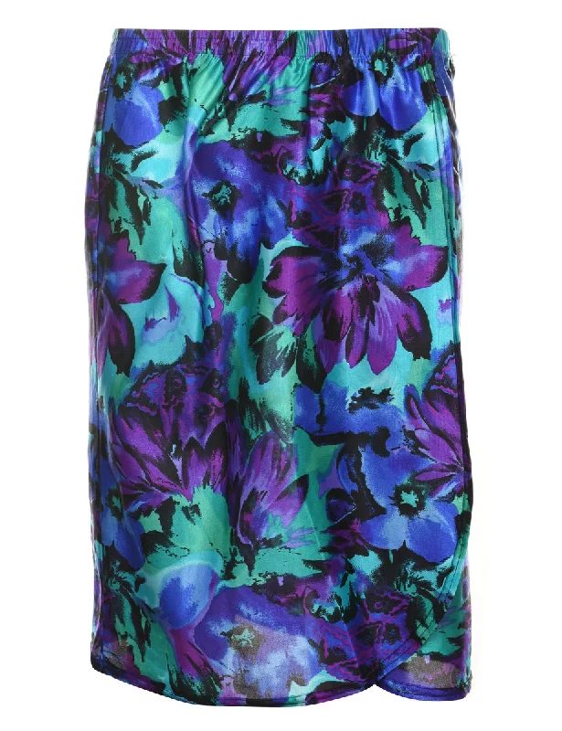 Floral Pattern Purple & Green Elasticated Midi Skirt - M corduroy skirt durable