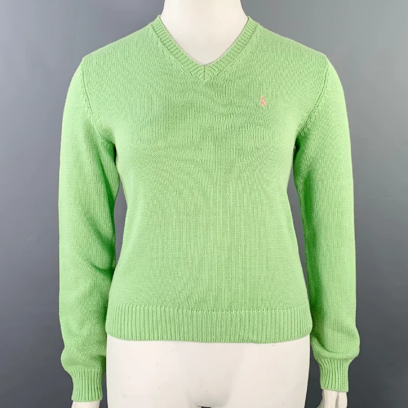 RALPH LAUREN Size L Green Cotton Knit V-Neck Sweater Terry Terry Cloth Terry Knit