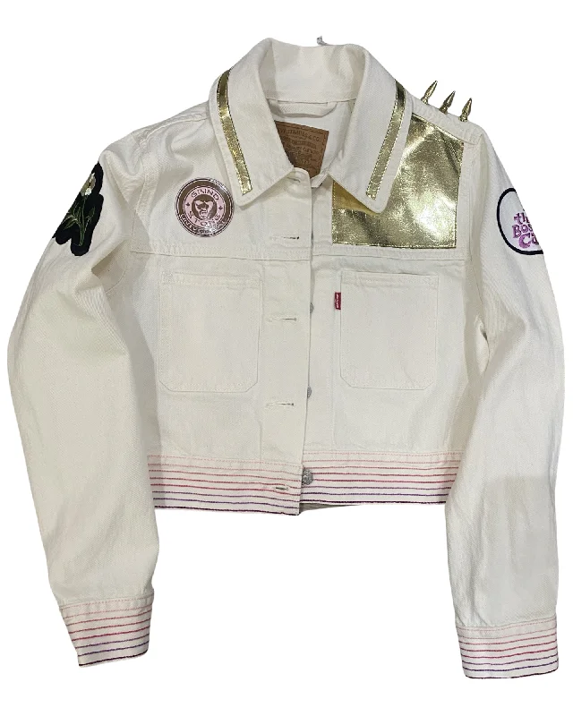 White denim crop gold lapel/ Pink patch Rubble Kings jacket #70 Hooded Jacket Caped Jacket Shawl Collar Jacket White denim crop gold lapel/ Pink patch Rubble Kings jacket #70 Hooded Jacket Caped Jacket Shawl Collar Jacket