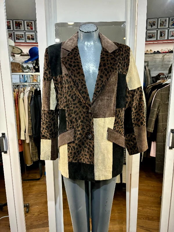90’s Brown Multicolor Patch Suede & Cheetah Print Velvet Jacket By Brandon Thomas One-Shoulder Jacket Off-the-Shoulder Jacket Asymmetrical Jacket 90’s Brown Multicolor Patch Suede & Cheetah Print Velvet Jacket By Brandon Thomas One-Shoulder Jacket Off-the-Shoulder Jacket Asymmetrical Jacket