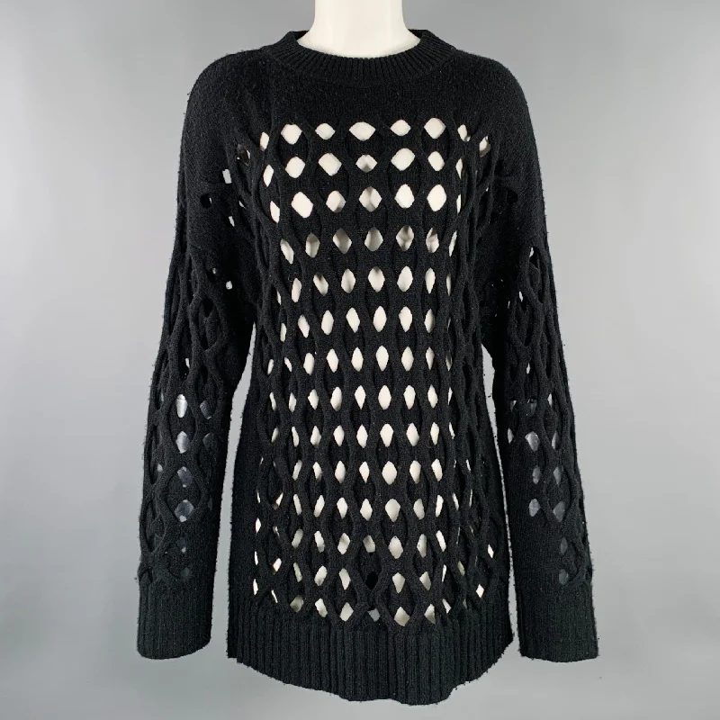 OSCAR DE LA RENTA Size M Black Cut Out Cable Knit Sweater Hooded Sweater Collared Sweater Shawl Collar OSCAR DE LA RENTA Size M Black Cut Out Cable Knit Sweater Hooded Sweater Collared Sweater Shawl Collar
