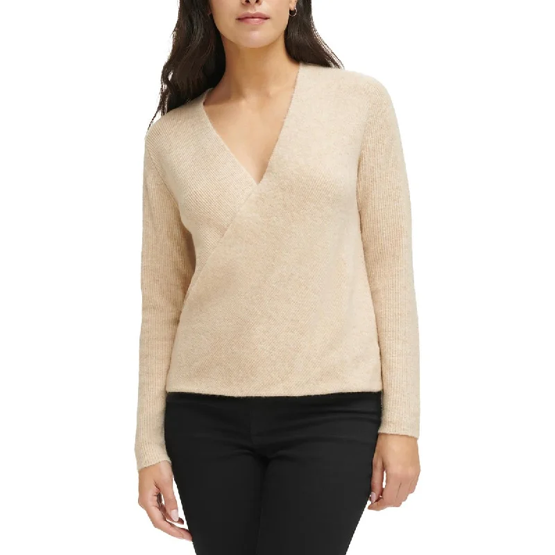 Calvin Klein Womens Crossover Front Long Sleeve V-Neck Sweater Neon Metallic Matte