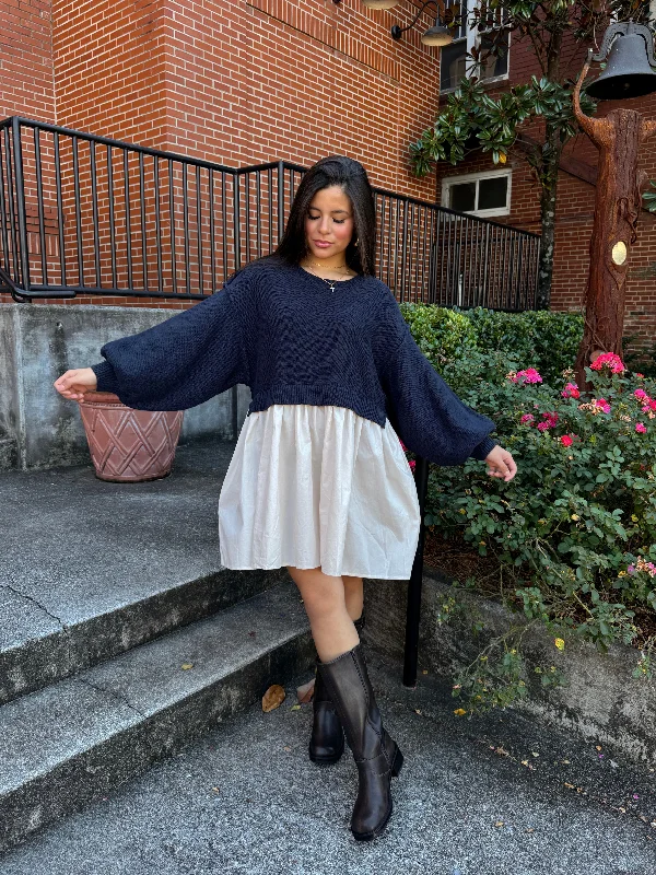 Navy & Beige Oversized Knit Sweater Dress Transparent Opaque Sheer