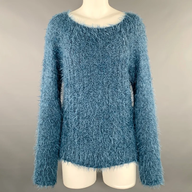 LINEAMAGLIA Size M Blue Nylon Blend Shaggy Scoop Neck Sweater Herringbone Houndstooth Plaid LINEAMAGLIA Size M Blue Nylon Blend Shaggy Scoop Neck Sweater Herringbone Houndstooth Plaid