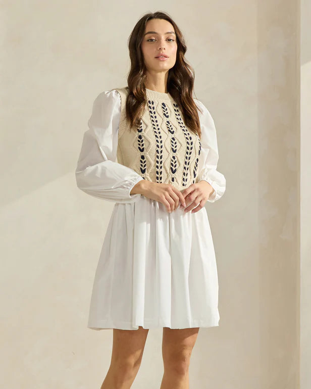 SAND & IVORY SWEATER & POPLIN COMBO MINI DRESS Cable Knit Ribbed Knit Lace Knit