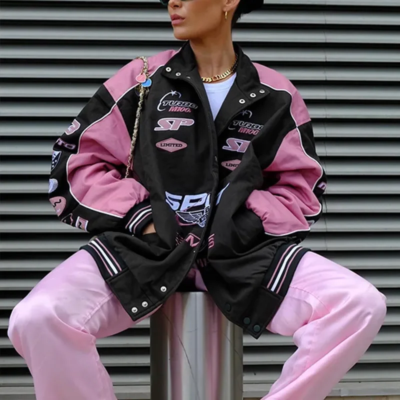 Women Fashion Casual Letter Pink Print Long Sleeve Jacket Coat Cotton Jacket Linen Jacket Terry Jacket