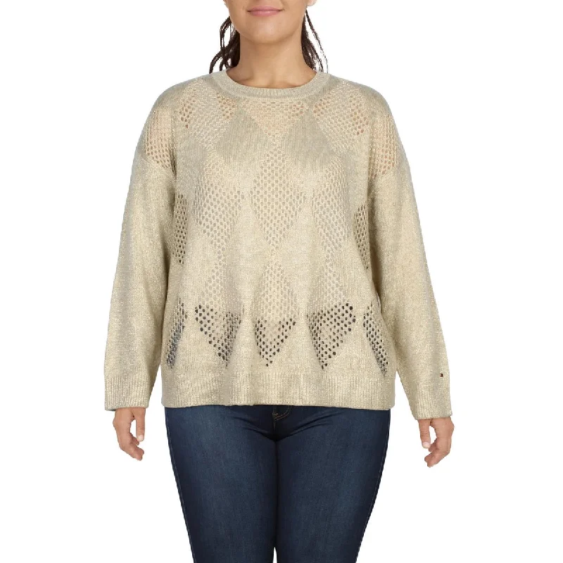 Tommy Hilfiger Womens Plus Argyle  Crewneck Sweater Elasticated Padded Insulated