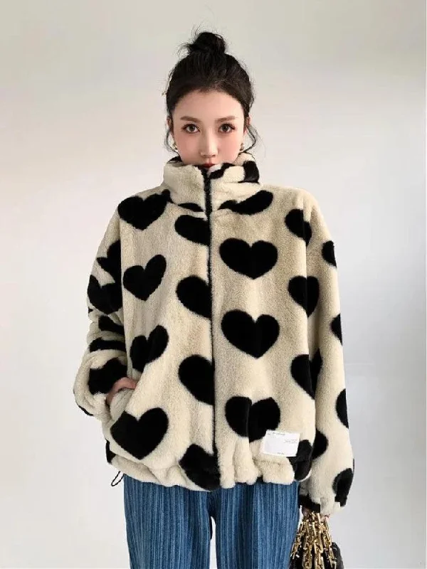 Heart Pattern Teddy Jacket Cotton Jacket Linen Jacket Terry Jacket