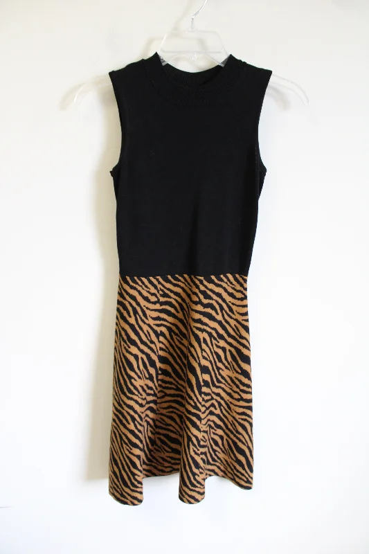 Rewind Black Tiger Print Knit Sweater Dress | S Boat Neck Shawl Collar Notched Collar Rewind Black Tiger Print Knit Sweater Dress | S Boat Neck Shawl Collar Notched Collar