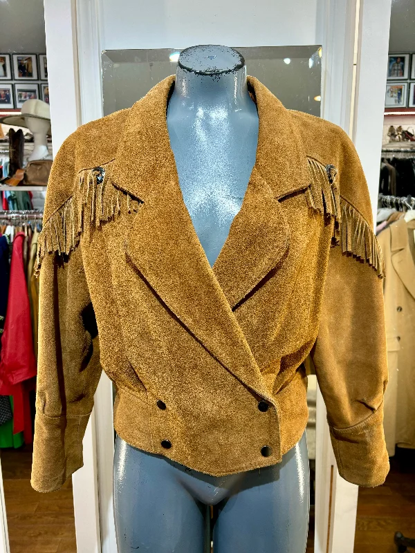 80’s Light Brown Short Suede Fringe Jacket by Yearbook Fleece Fabric Down Fabric Feather Fabric 80’s Light Brown Short Suede Fringe Jacket by Yearbook Fleece Fabric Down Fabric Feather Fabric