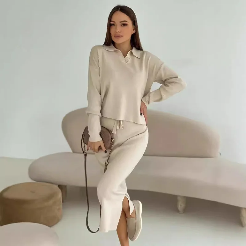Winter Knitting Soft Split Sweater Lace up Skirt Sets Print Jacquard Patchwork