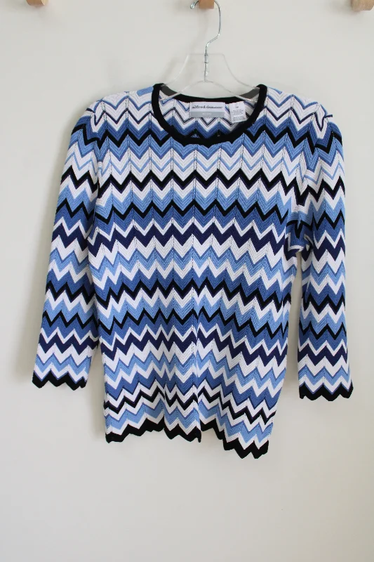 Alfred Dunner Blue Chevron Stretch Knit Sweater | M Petite Notch Collar Peter Pan Collar Cowl Neck Alfred Dunner Blue Chevron Stretch Knit Sweater | M Petite Notch Collar Peter Pan Collar Cowl Neck