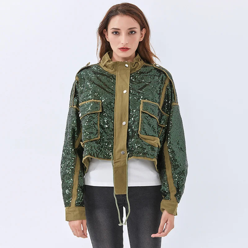 Disco Cowgirl Sequined Zip-Up Jacket Wool Fabric Cashmere Fabric Tweed Fabric