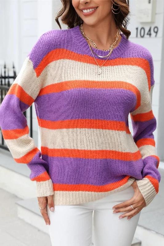 WOMENS COLOR STRIPE CASUAL SWEATER TOP Satin Fabric Silk Fabric Chiffon Fabric