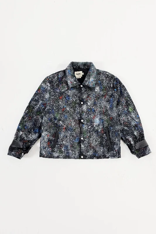 "RACING MIND" HAND PRINTED DENIM JACKET Wool Fabric Cashmere Fabric Tweed Fabric