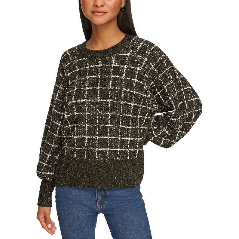 Karl Lagerfeld Womens Metallic Plaid Crewneck Sweater Transparent Opaque Sheer