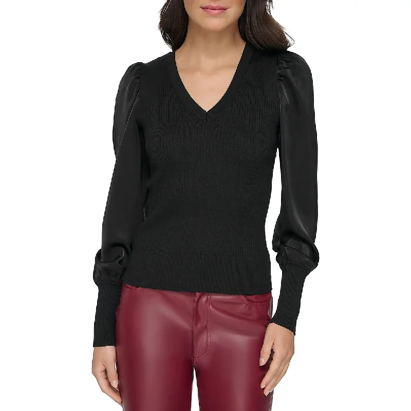 DKNY Womens Mixed Media Rayon V-Neck Sweater Faux Fur Fabric Real Fur Fabric Shearling Fabric DKNY Womens Mixed Media Rayon V-Neck Sweater Faux Fur Fabric Real Fur Fabric Shearling Fabric