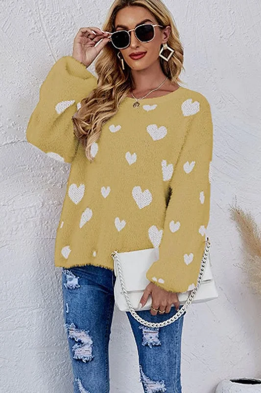 WOMEN OVERSIZED HEART PRINTING CUTE KNIT SWEATER Welt Pockets Slit Pockets Flap Pockets