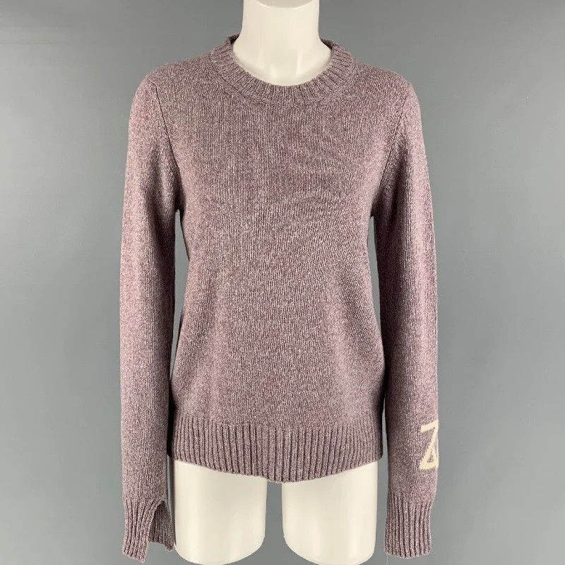 ZADIG & VOLTAIRE Purple Cream Cashmere Size M Heather Crew-Neck Sweater Graphic Sweater Embroidered Appliqued ZADIG & VOLTAIRE Purple Cream Cashmere Size M Heather Crew-Neck Sweater Graphic Sweater Embroidered Appliqued