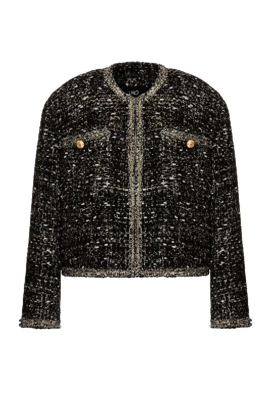 BLACK TWEED WOOL-BLEND CROPPED JACKET Stand-Up Collar Roll-Neck Collar Turtle Neck