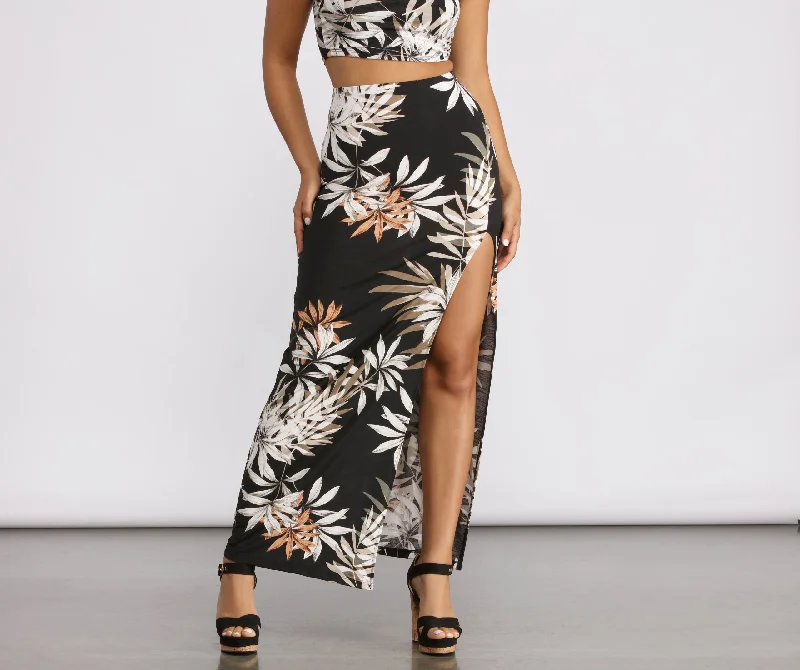 Tropical Palm Leaf High Slit Maxi Skirt mini skirt trendy