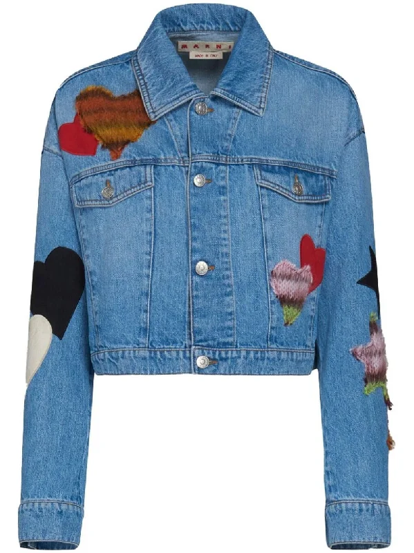 HEART PATCHS-DETAIL DENIM JACKET Insulated Jacket Fitted Jacket Loose Jacket
